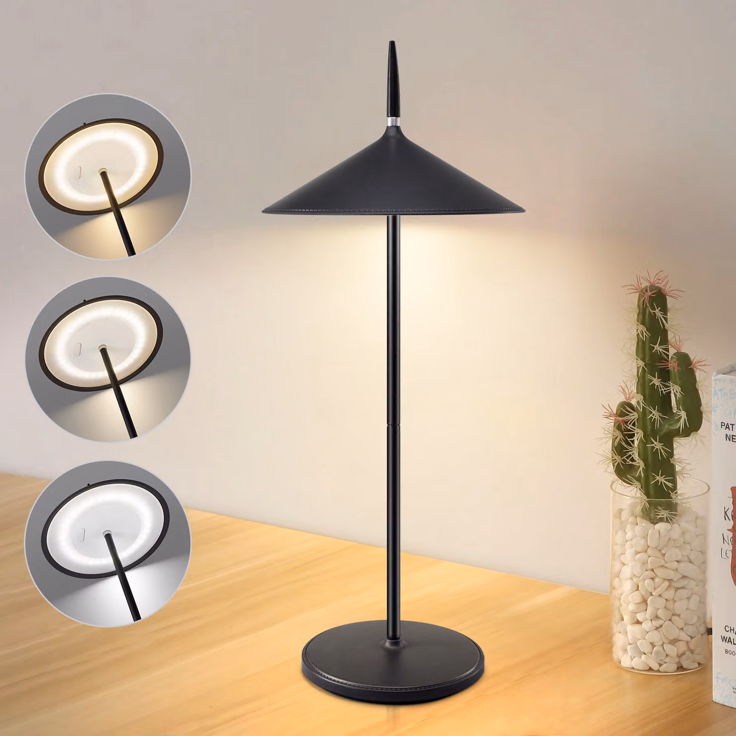ZMH Lampada da tavolo senza fili Lampada da comodino a batteria Lampada da tavolo a LED 1800 mAh ricaricabile con regolazione dell'intensità luminosa tramite tocco, nera, moderna, lampada da esterno IP44 con porta USB, per balcone, giardino, tavolo da pra
