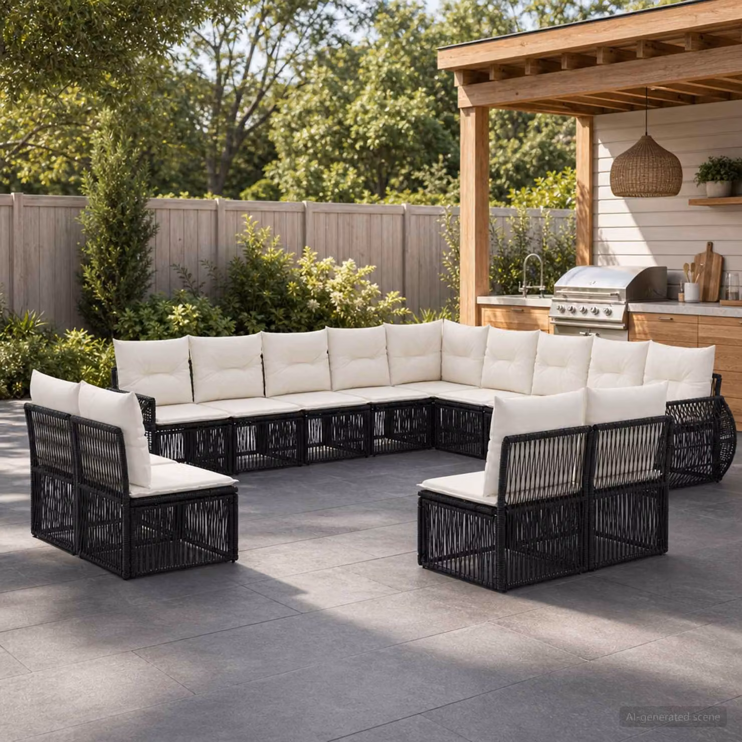 Set Divano da Giardino vidaXL a forma a U in Polyrattan con Cuscini Nero e Bianco Crema