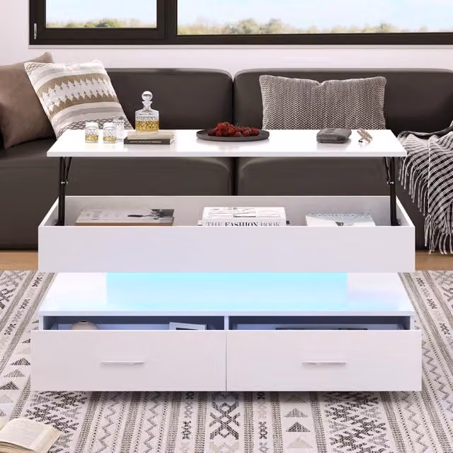 Desviae Tavolino basso sollevabile con LED e Bluetooth app, 2 cassetti, vano aperto e spazio nascosto, bianco 100 × 50 × 44 cm