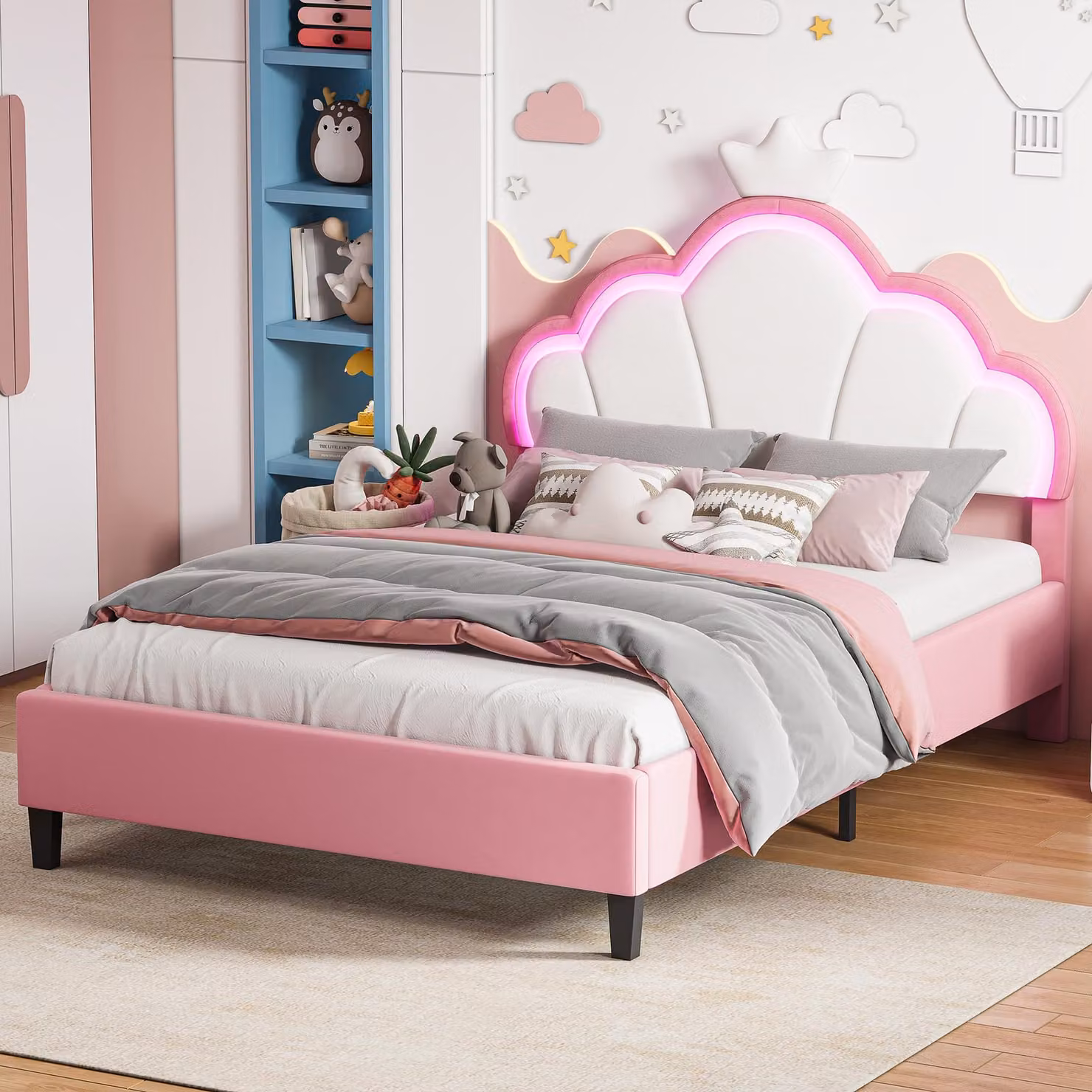 Struttura letto Moonbite con LED RGB 140x190 cm in velluto, con testiera regolabile in altezza, rosa e bianco