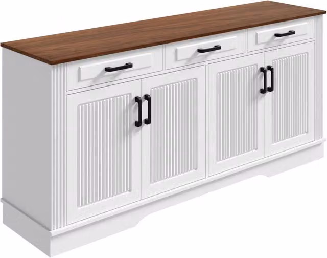 Sideboard bianco in MDF con 3 cassetti e 4 ante scanalate, 160x40x75 cm, adatto per soggiorno e sala da pranzo