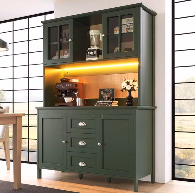Credenza da cucina verde 120x40x179 cm con LED, vetro marrone e ripiani regolabili