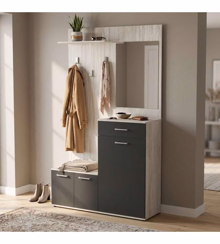 Cosma Mobile Ingresso Moderno con Specchio, Appendiabiti e Illuminazione LED in Antracite e Pino, L/P/H: 115 x 35 x 197 cm – 1