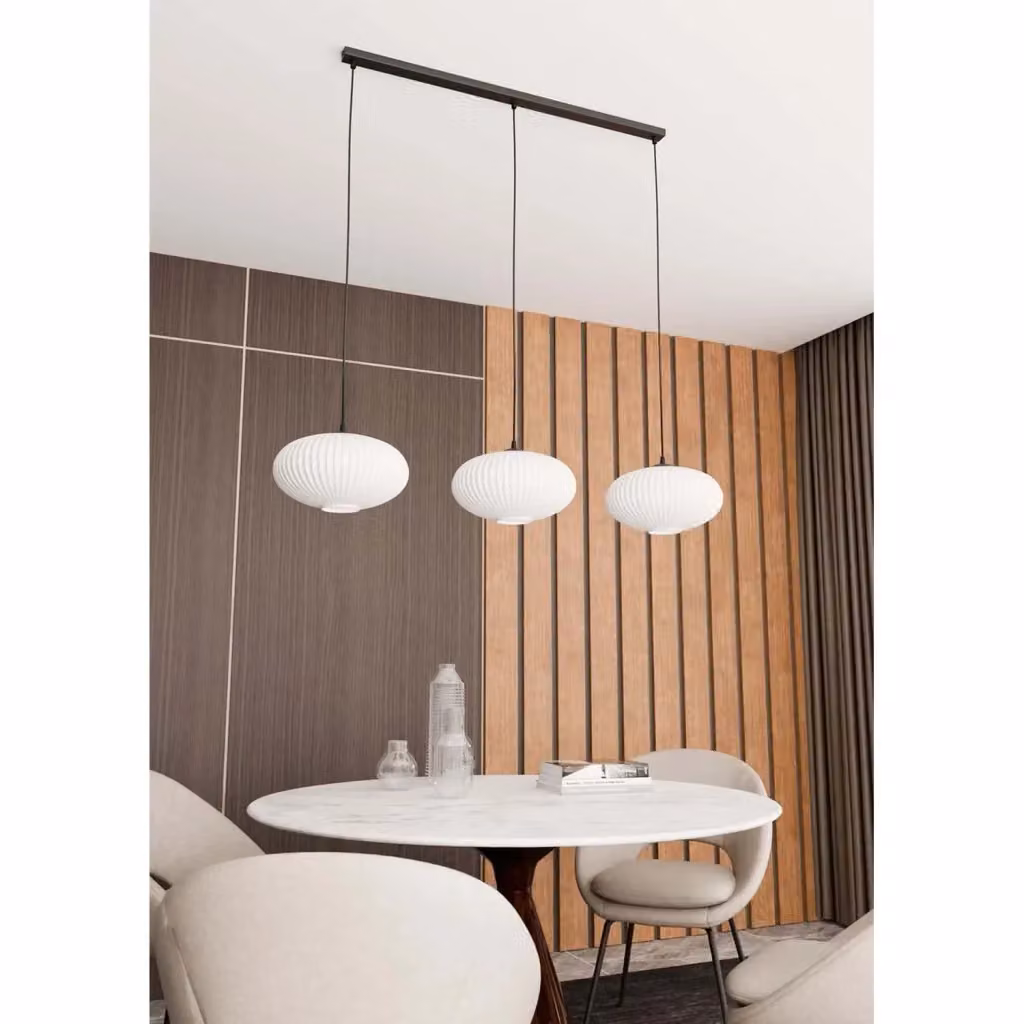 Lampadario a sospensione Luceart-Classic Peteh con 3 luci in acciaio nero e paralumi plissettati bianchi – 2
