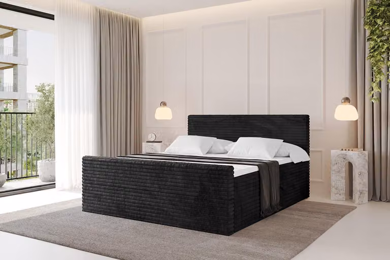Letto boxspring ALTDECOR con pediera - TOLO-v1-Z 140x200 in velluto a coste - Nero - Set completo con materasso a molle insacchettate e topper, letto imbottito con materasso H4 e cassetti, rete a doghe, letto con contenitore, letto matrimoniale, letto a c