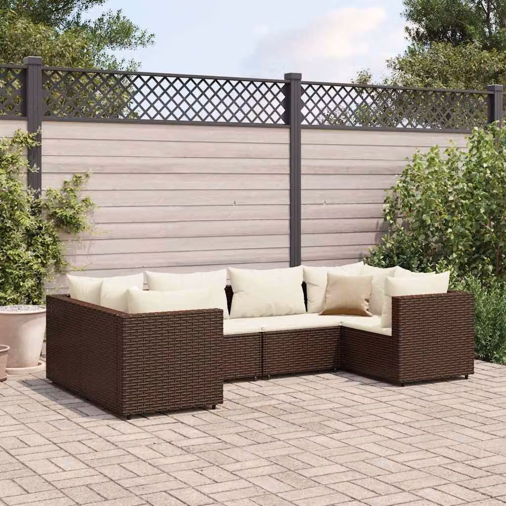 vidaXL Set di Mobili da Giardino a Forma di L per 6 Persone con Cuscini, Struttura in Acciaio Verniciato e Polyrattan, Marrone e Bianco