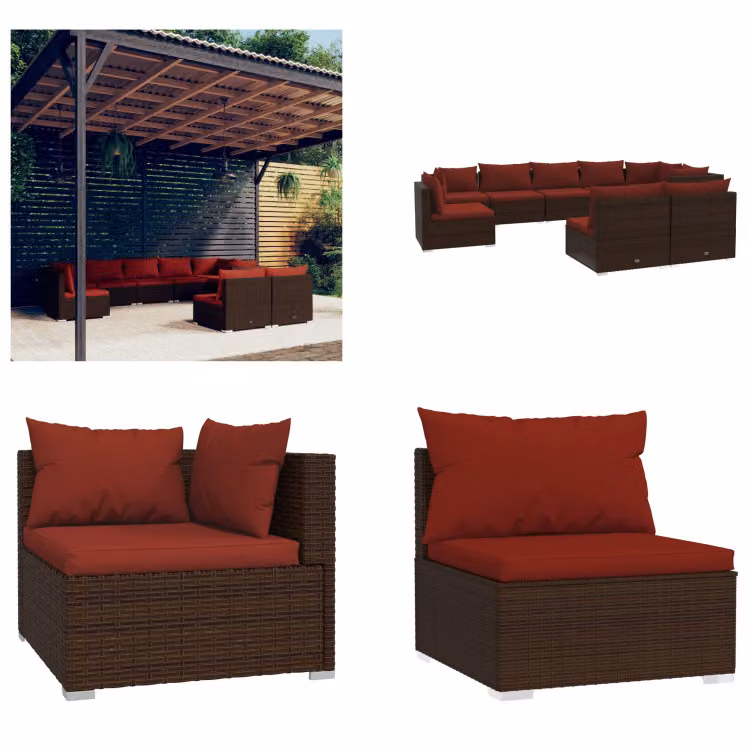 vidaXL 9 pezzi set salotto da giardino con cuscini in rattan marrone - Set salotto da giardino - Set salotto da giardino - Set salotto da terrazza - Set divano da giardino