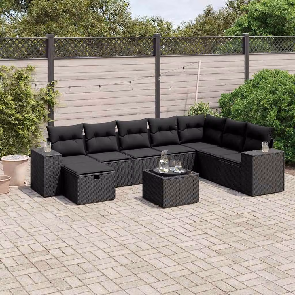 vidaXL Set Divani da Giardino 9 pz a Forma a L con Cuscini Nero in Polyrattan e Struttura in Acciaio – 1
