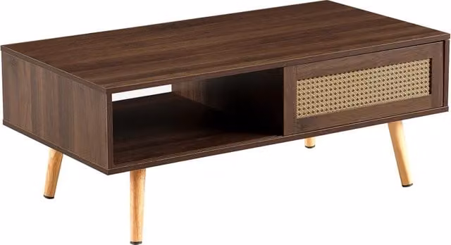 Tavolino da soggiorno in rattan con ante scorrevoli, gambe in legno massello, effetto noce scuro H40xL105xP55 cm