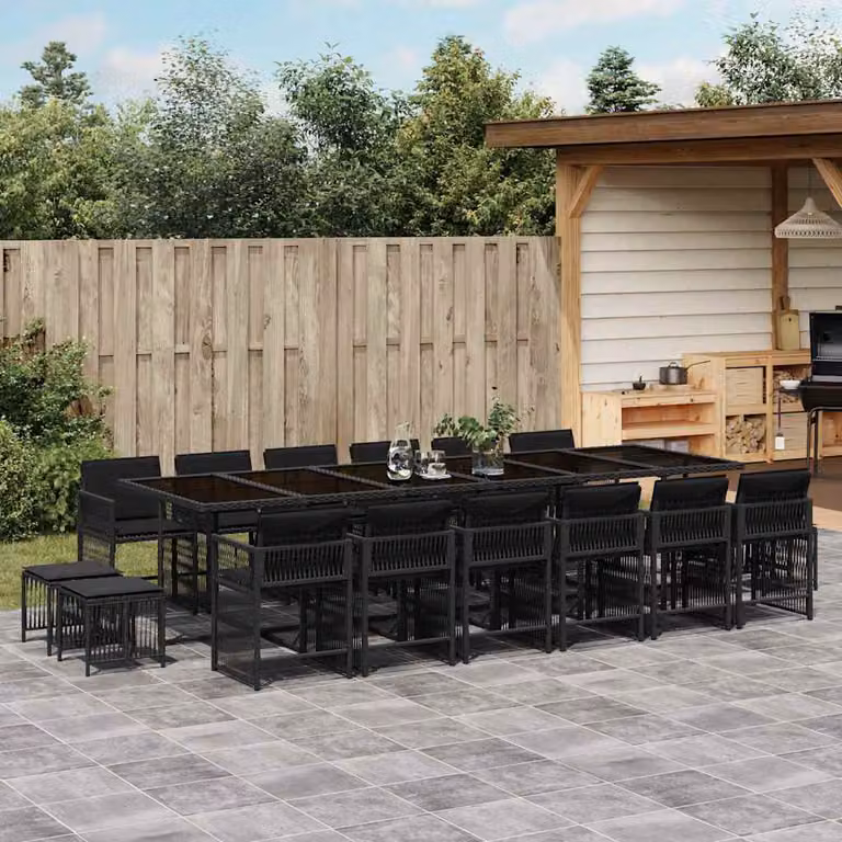 vidaXL Set da Pranzo da Giardino 17 pz in Polyrattan Nero con Cuscini e Tavolo in Vetro