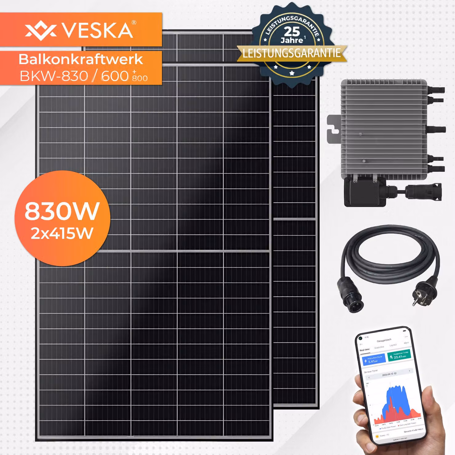 Centrale elettrica da balcone 830 W / 800 W Impianto solare fotovoltaico pronto per la connessione WIFI Smart mini impianto fotovoltaico 800 watt senza licenza, nero