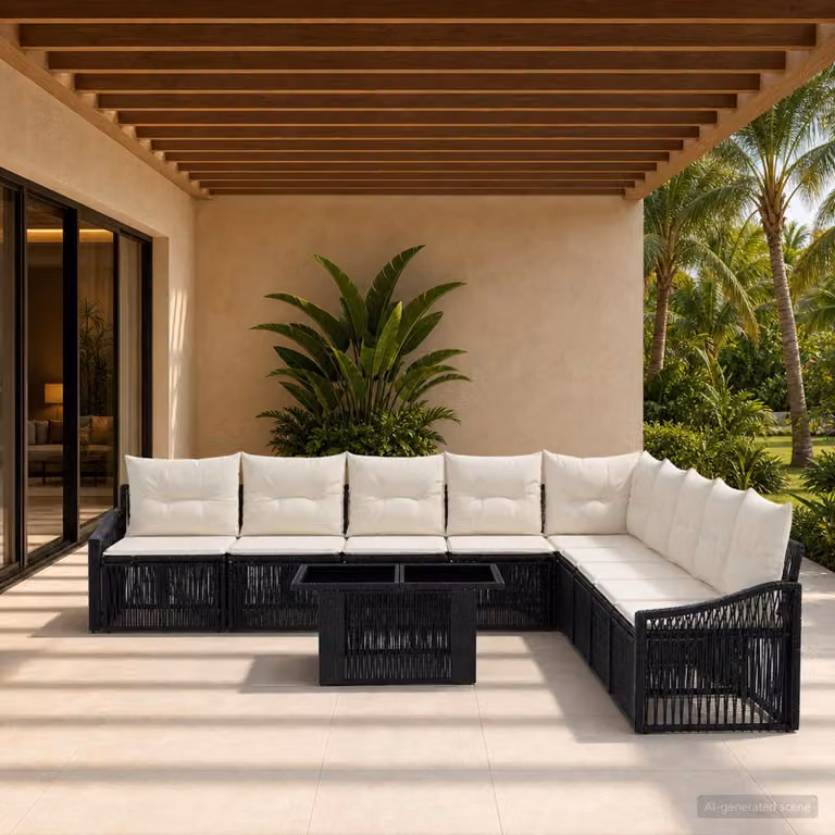 Set Divano da Giardino vidaXL 10 Pezzi in Polyrattan Moderno con Cuscini Nero e Bianco Crema