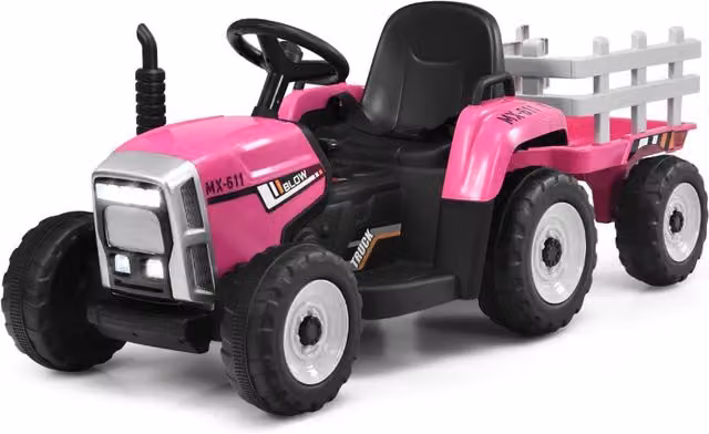Trattore elettrico con rimorchio rosa con musica Bluetooth e luci, L 135 x P 51 x H 53 cm