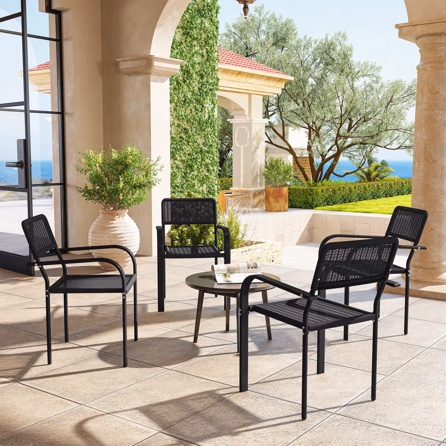 Set di 4 sedie da giardino Outsunny impilabili con braccioli e telaio in acciaio nero L/P/H: 55 x 60 x 83 cm – 2