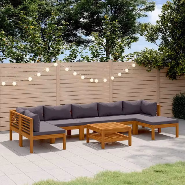 Set da giardino vidaXL in legno di acacia con cuscini grigi composto da 8 pezzi con divano angolare, tavolino e pouf – 1