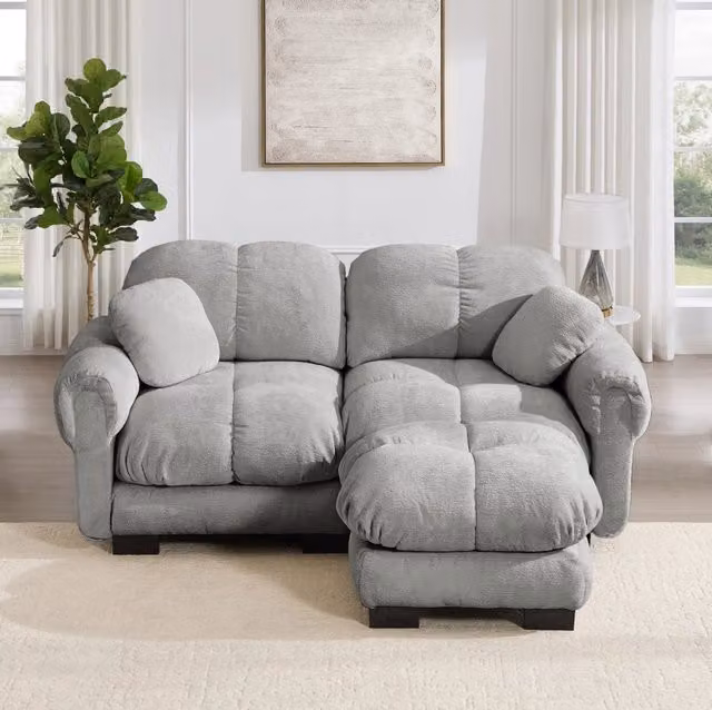 Divano modulare angolare in chenille con pouf mobile; 190x149x90 cm; grigio chiaro