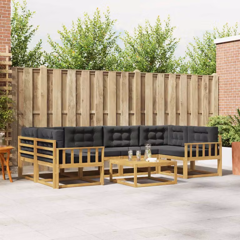 Set di divani da esterno vidaXL 5 pz a forma di L in legno di acacia con cuscini, Bianco, Antracite e Marrone