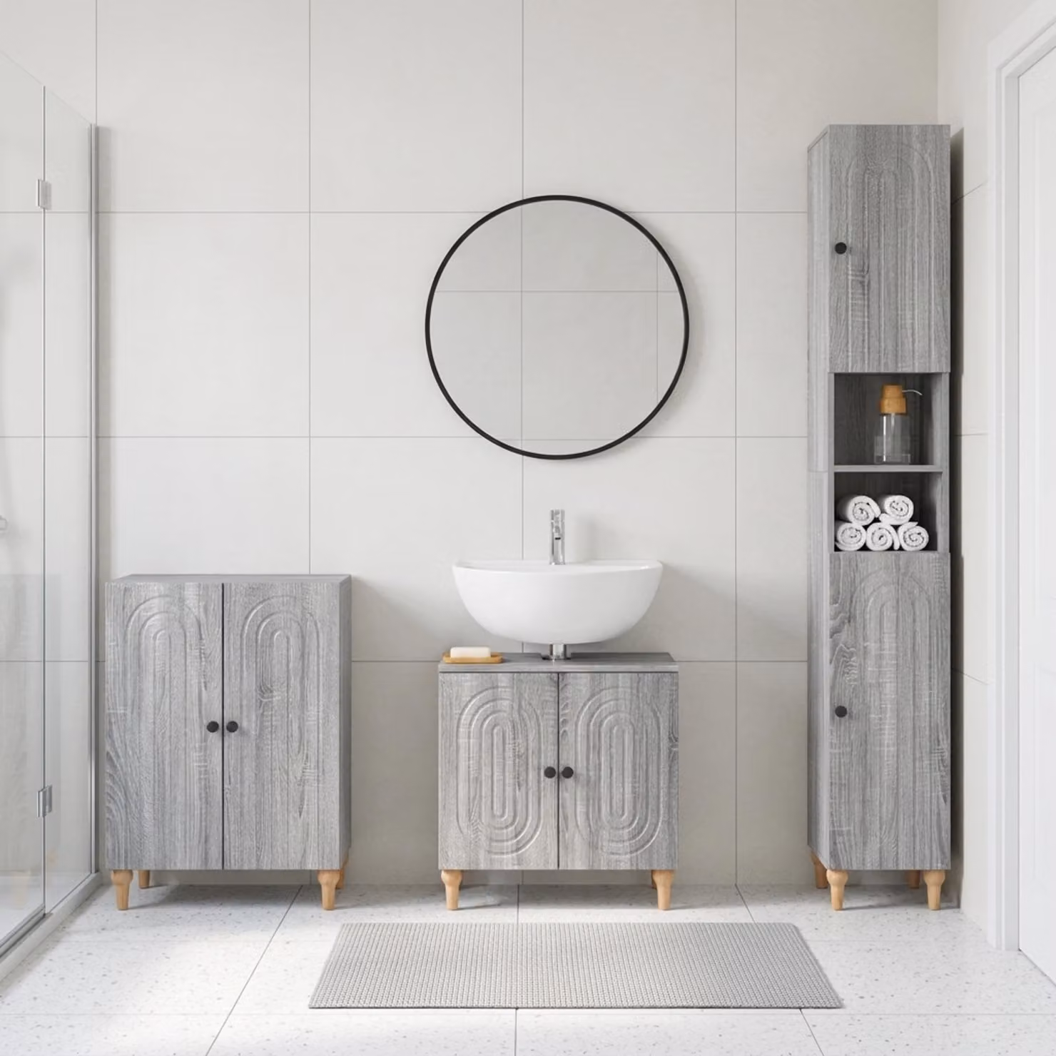 Set di armadietti da bagno moderni vidaXL ALKMAAR in 3 pezzi, colore grigio, finitura opaca