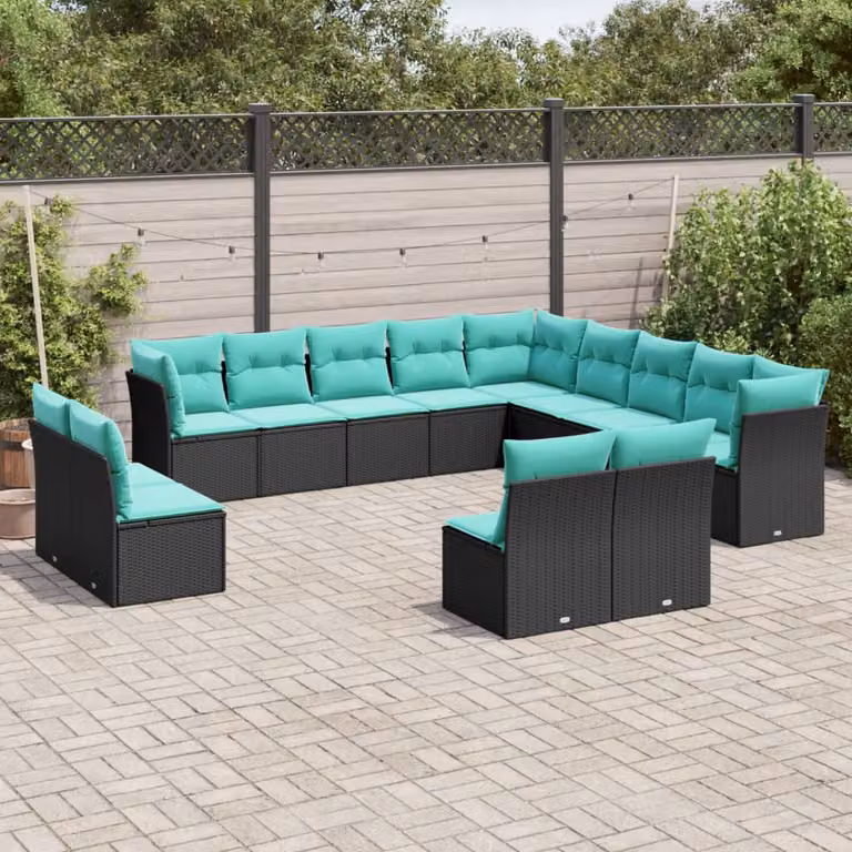 Set di divani da giardino vidaXL a forma di U composto da 13 pezzi con cuscini blu e nero in rattan e metallo