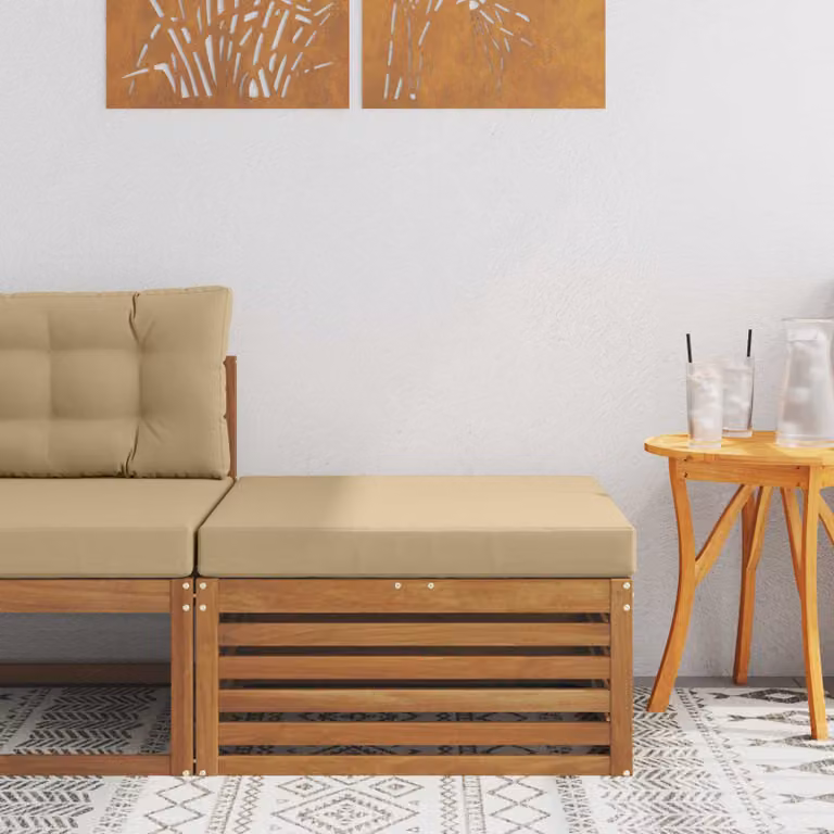 vidaXL Poggiapiedi da Esterno in Legno di Acacia Massello con Cuscini Beige e Marrone L: 79 cm, P: 37 cm, H: 37 cm