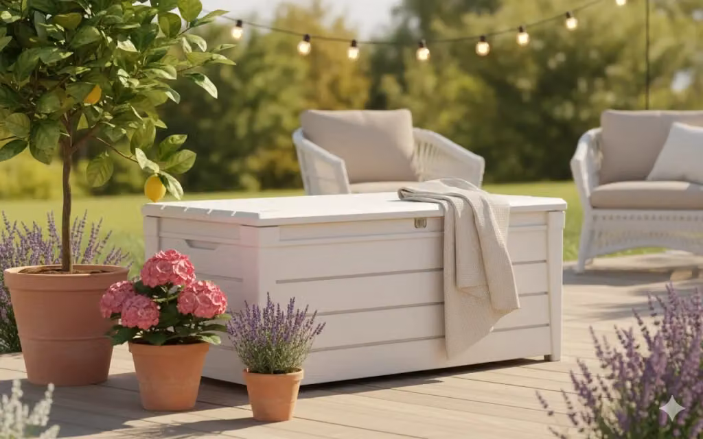 Baule da esterno Keter Brightwood in resina bianco L: 145 cm, P: 69,7 cm, H: 60,3 cm – 2