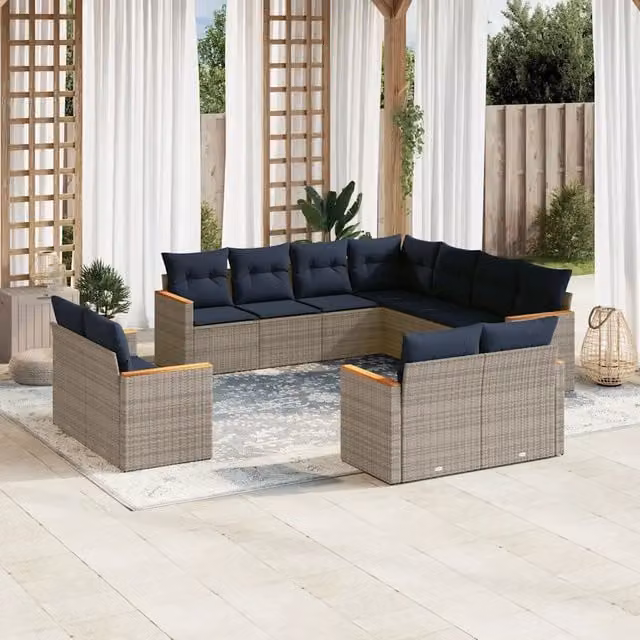 Set Divani da Giardino 11 pz con Cuscini Grigio in Polyrattan 3226502