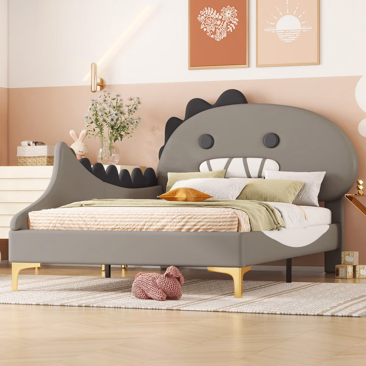 Letto imbottito Fortuna Lai, letto per bambini 90x200cm con testata a forma di dinosauro cartoon in Pelle finta, grigio