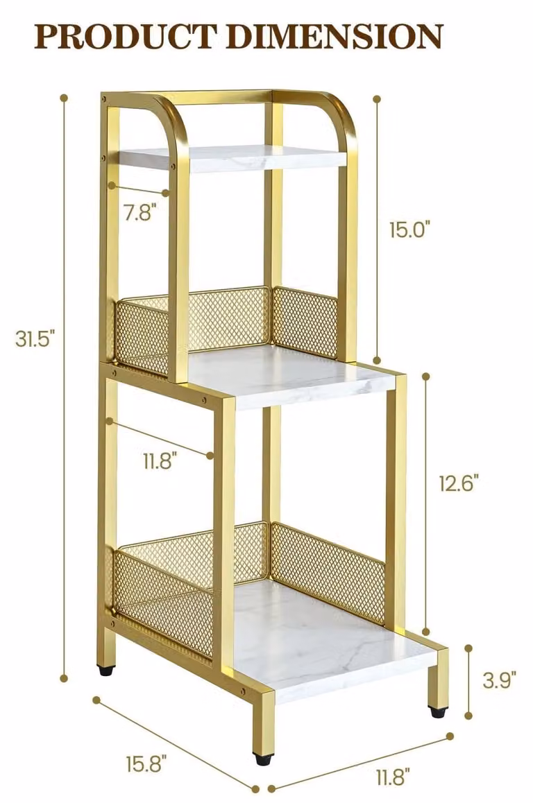 Scaffale a ripiani - 3 ripiani - Struttura in acciaio - Modello indipendente da appoggio a terra - Piccola libreria e porta piante - Per bagno/soggiorno/cucina - Colore oro