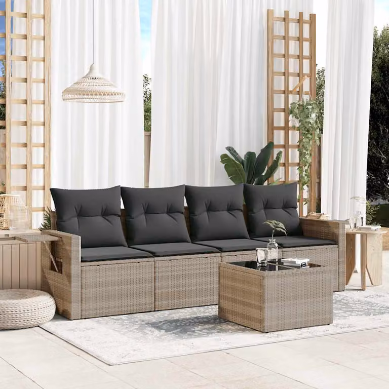 Set Divano da Giardino vidaXL 5 Pezzi in Polyrattan con Cuscini Grigio Chiaro e Tavolino