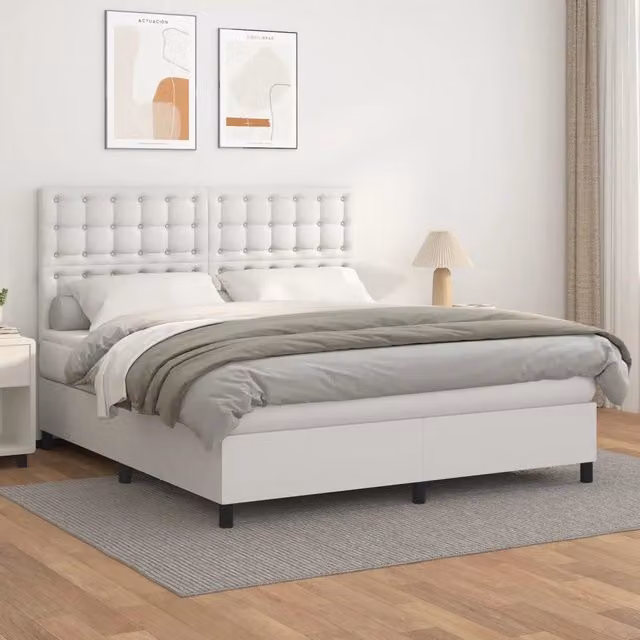 Letto con Giroletto a Molle e Materasso Ibrido vidaXL in Similpelle Bianco L 180 cm x P 200 cm