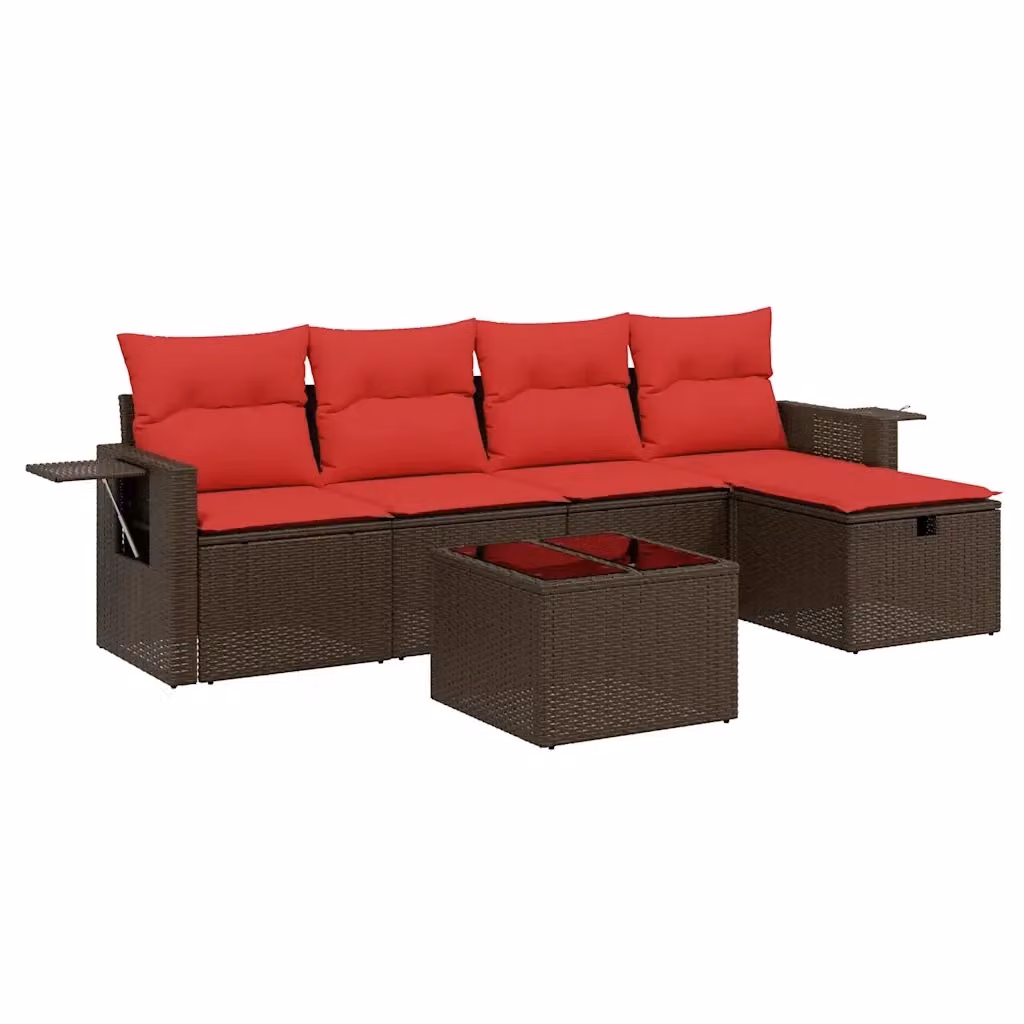 Set da giardino moderno vidaXL composto da 6 pezzi con divano a L, pouf e tavolino con cuscini marroni e rossi in polyrattan e struttura in acciaio verniciato a polvere – 2