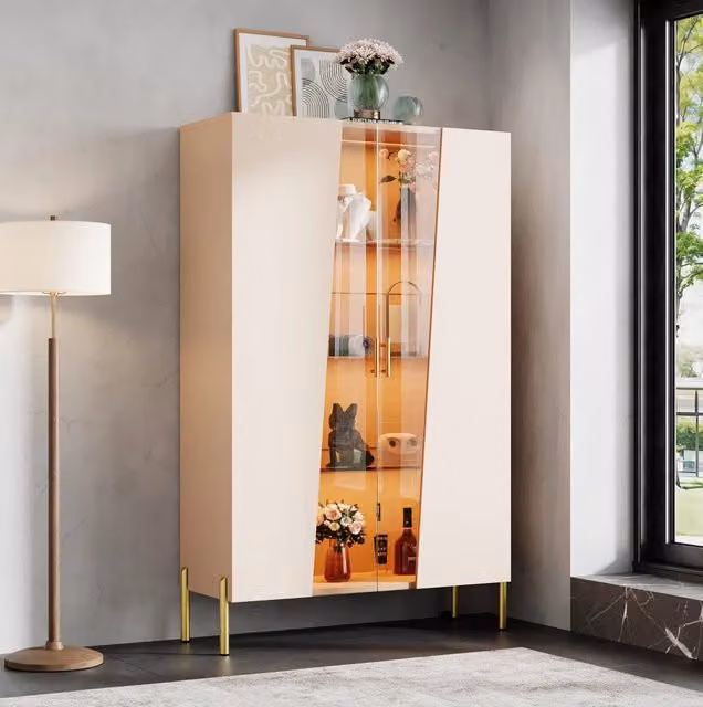 Vetrina con porta in vetro asimmetrica; LED multicolore; 72 x 40 x 145 cm; MDF; beige