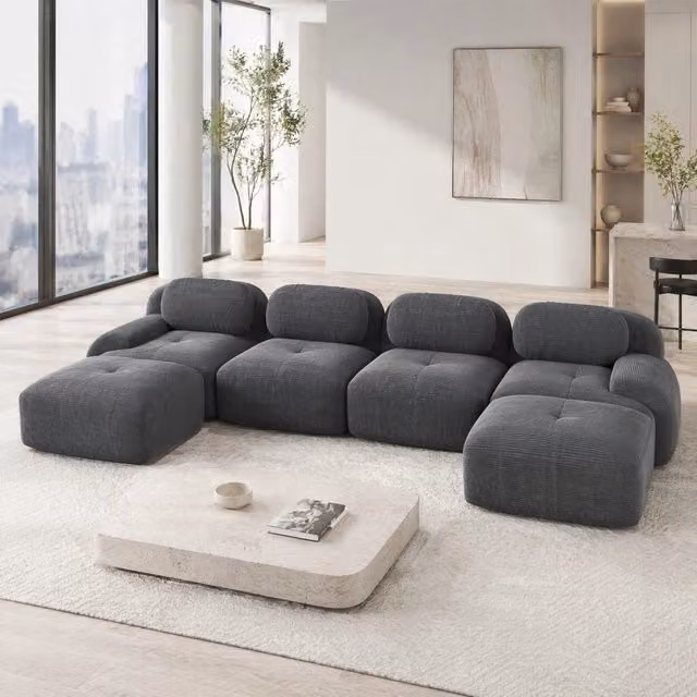 Divano angolare modulare 388 x 178 x 70 cm in velluto a coste grigio; senza montaggio HOMVRA
