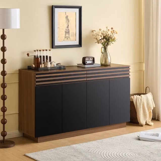 Sideboard moderno 150 x 40 x 85 cm in MDF; effetto legno marrone e nero; con 2 cassetti e 4 ante