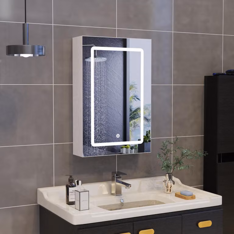 Mobile da bagno da montare a parete con specchio, armadietto a specchio con illuminazione LED e ripiano regolabile – 70 x 15 x 60 cm, con funzione di memoria, colore bianco