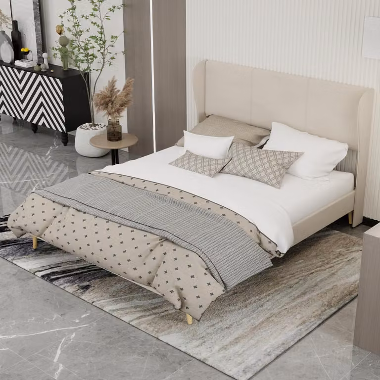 MODFU letto imbottito 160x200 struttura letto multifunzionale con base bassa e testata, letto matrimoniale con testata morbida, senza materasso, beige