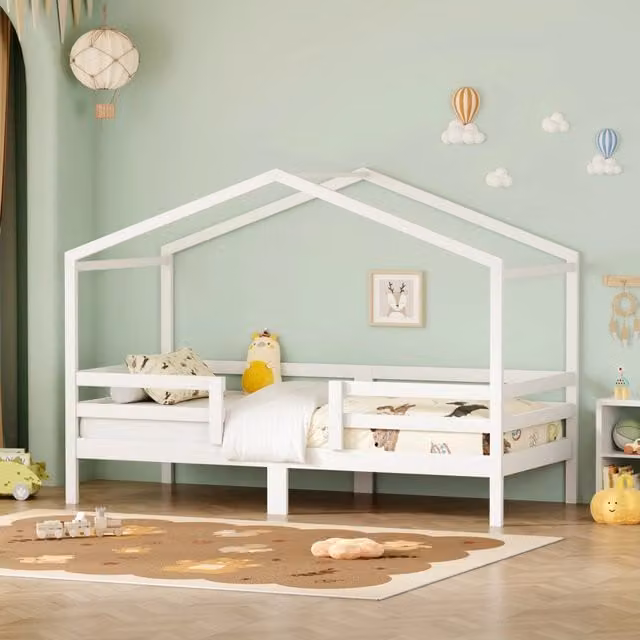 Letto a casetta per bambini 90x200 cm in legno massello di pino, per maschietti e femminucce, con tetto a forma di casetta, protezione anticaduta su t