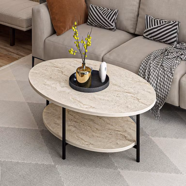 Subiaco - Tavolino da Salotto, 90x60x36h cm Beige Marmo, con Piedini
