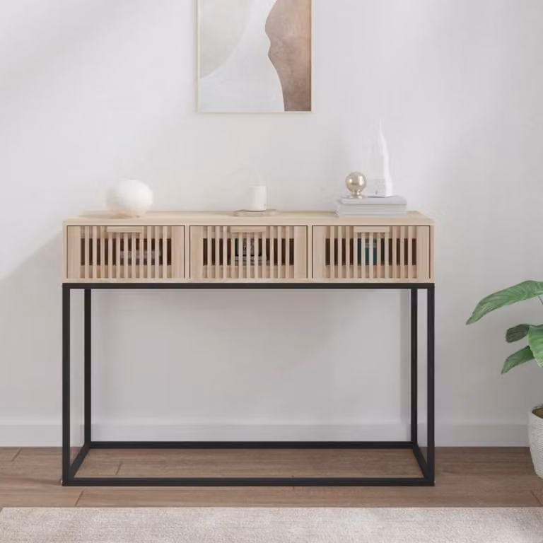 vidaXL Tavolino Consolle in Stile Scandinavo in Legno e Metallo, Colore Marrone e Beige, L 105 x P 30 x H 75 cm