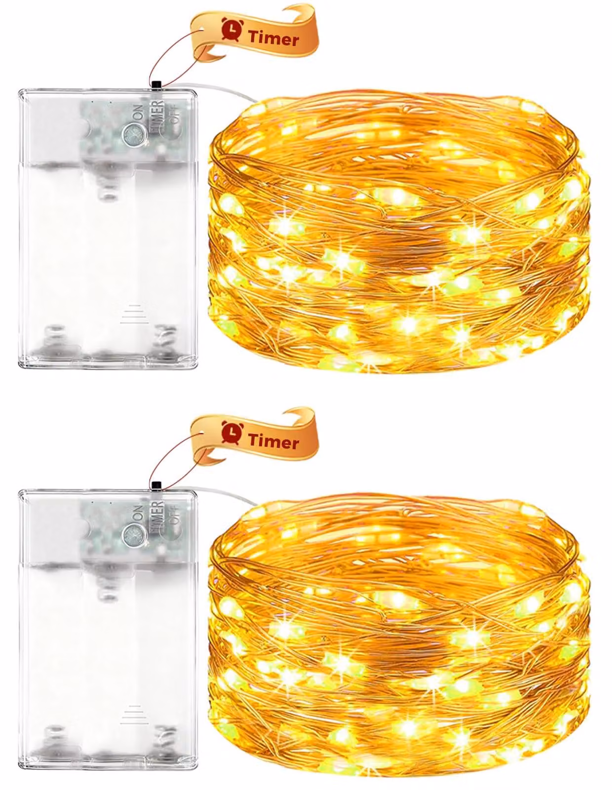 Catena luminosa a LED, 12 metri, 120 LED, con timer, luce bianco caldo, confezione da 2 pezzi