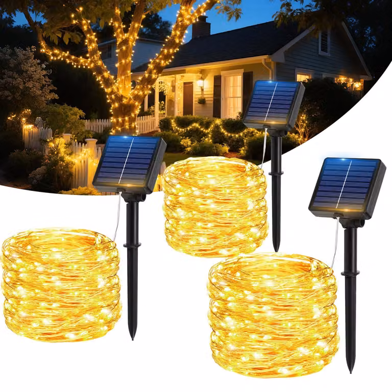Catena luminosa solare, confezione da 3, lunghezza 17 metri, 150 LED bianco caldo, grado di protezione IP65, 8 modalità, filo di rame