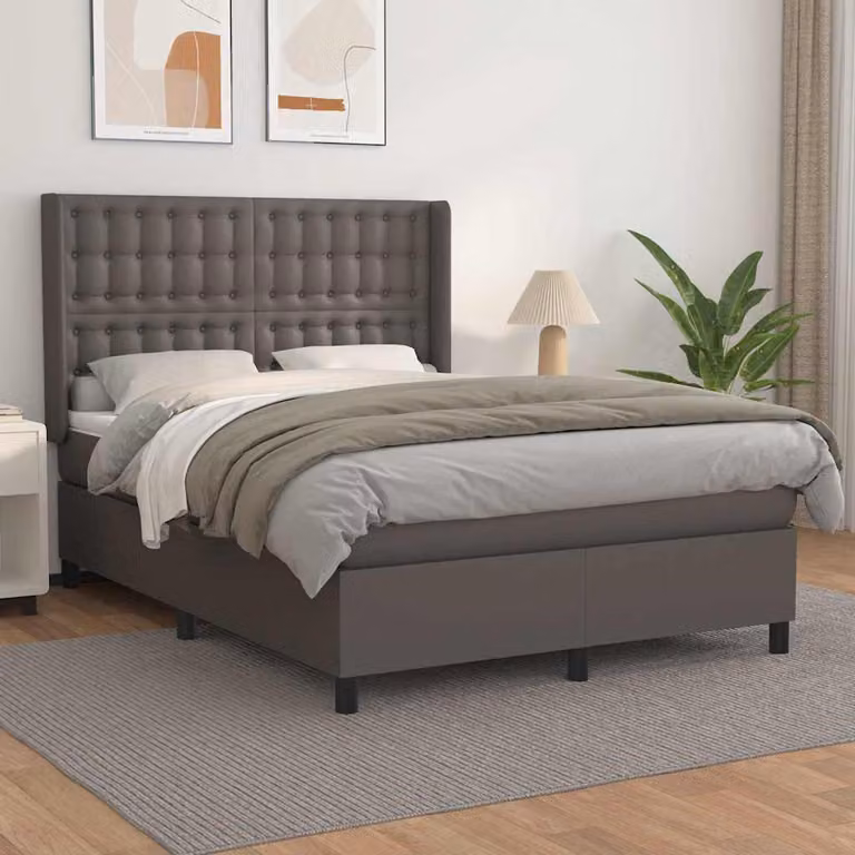 vidaXL Giroletto a Molle con Materasso in Similpelle Grigio e Bianco L/P/H: 190 x 140 x 128 cm