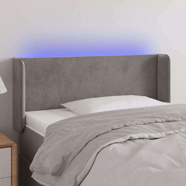 Testiera per letto vidaXL in velluto grigio chiaro con illuminazione LED e porta USB, L 103 cm, P 16 cm, H 78-88 cm