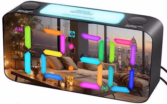 Sveglia digitale - Sveglia per bambini - Sveglia LED - Sveglia con specchio colorato - 15 modalità di colore - Schermo grande da 7 pollici - 3 livelli di luminosità - Luce notturna - Volume regolabile - Formato orario 12/24 ore - Sveglia da corrente elett