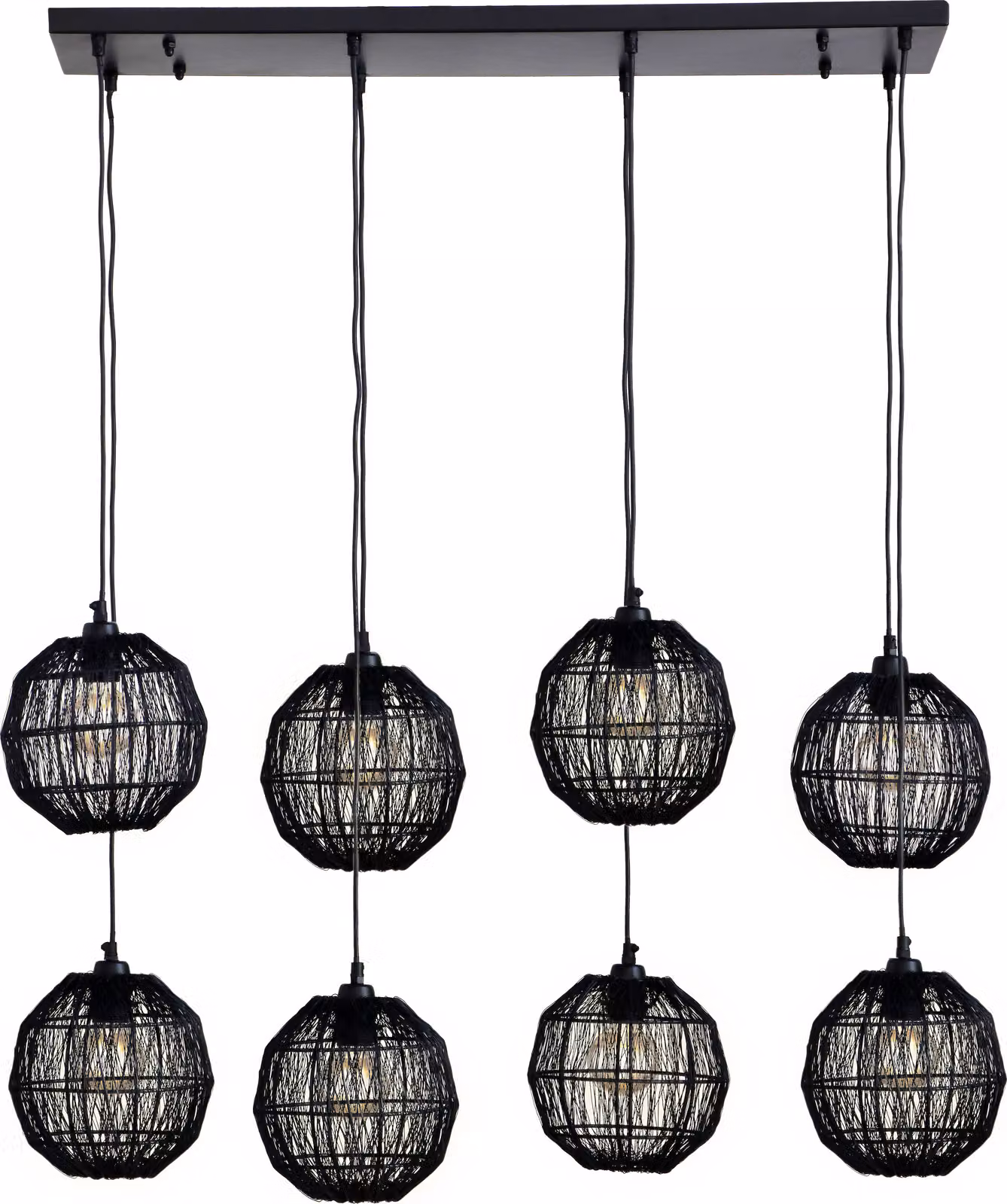 Lampada a sospensione Globo, struttura in metallo nero opaco, paralume in metallo a rete nero opaco, altezza regolabile, dimensioni: 940x240x1400 mm, esclusa lampadina: 8 x E27, 25W, 230V