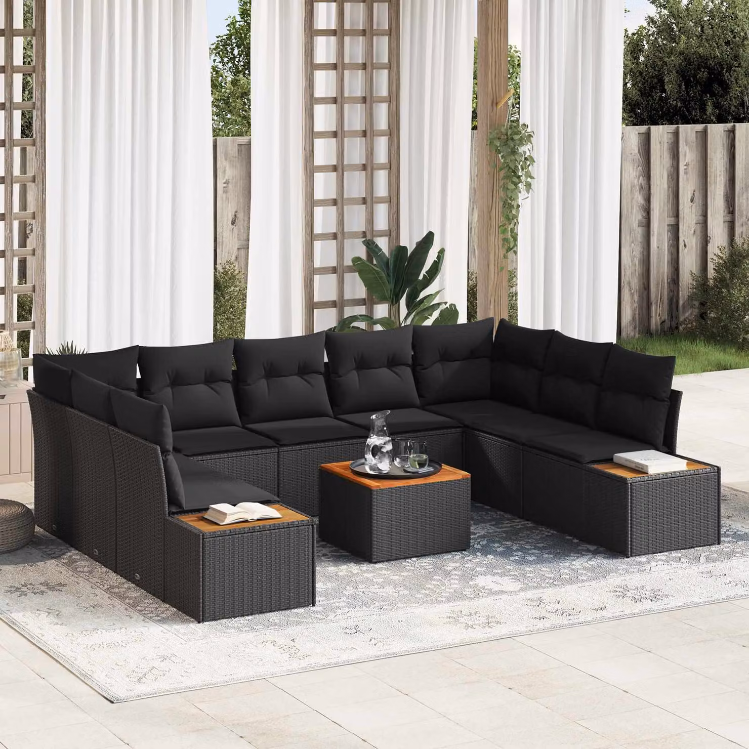 Set Divano da Giardino a L vidaXL con Cuscini e Tavolino Nero in Polyrattan e Metallo – 1