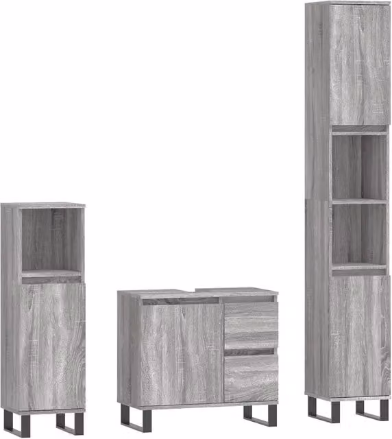 Set Mobili da Bagno | Armadio da bagno 3 pz Grigio Sonoma in Legno Multistrato