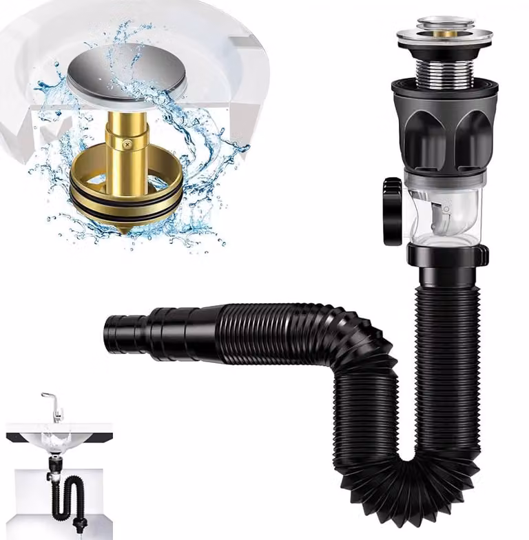 Tappo a scomparsa per scarichi - Filtro antiappannamento - Tubo di scarico estensibile da 300 a 1000 mm - Kit di scarico per lavandini - Adatto per bagno e cucina