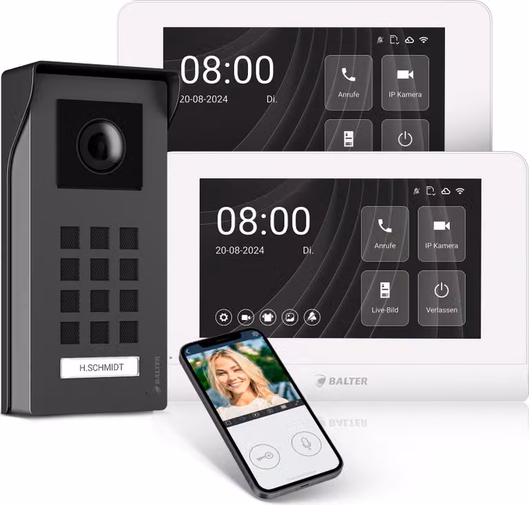 Videocitofono Entri M, campanello video, per casa unifamiliare con 2 monitor HD da 7 pollici, sistema a 2 fili, montaggio a vista, app per smartphone, videocamera Full HD