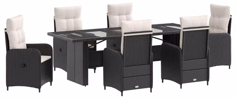 Set da tavolo da esterno, 7 pezzi, in rattan sintetico nero e crema